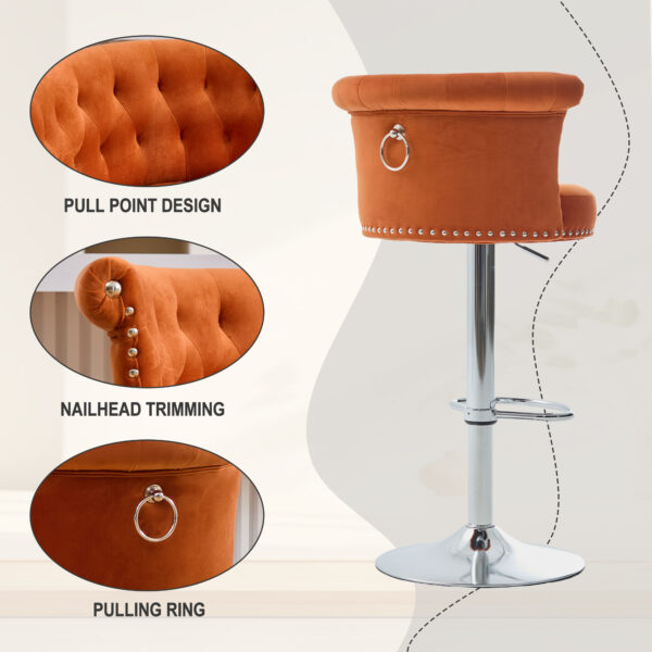 COOLMORE Velvet Bar Stool Set of 2, Adjustable Swivel Bar Stools with Silver Plated Metal Leg, Chrome Nailhead, Counter Height Chair for Kitchen,Dining Room