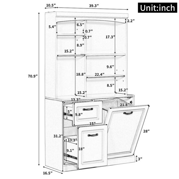 Bathroom Storage Cabinet with Tilt-Out Hamper, 70.9'' Tall Free Standing Organizer with Drawers & Adjustable Shelves, MDF Linen Tower with Steel Handles, White Finish