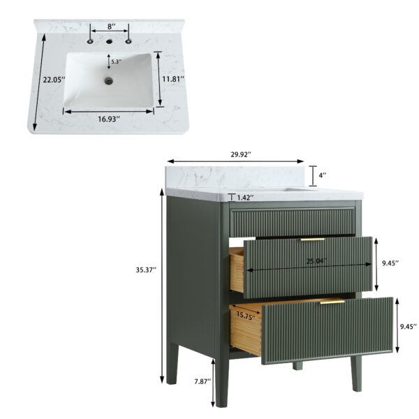 Fully Assembled 30''  Green Freestanding Single Sink Bathroom Vanity with Solid Wood Construction and Engineered Marble Top