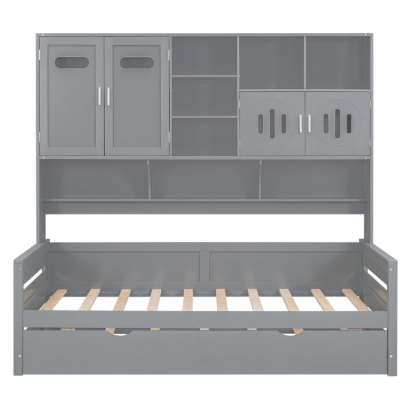 Twin Size Wooden Daybed With Twin Size Trundle, and All-in-One Cabinet and Shelf, Gray