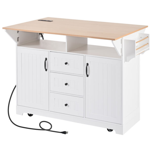K&K 55.7'' Large Kitchen Island with 2 Drop Leaf,, Rolling Kitchen Cart on 5 Wheels with Power Outlet, Folding Storage Dining Table with Spice & Towel Rack , 3 Drawers, for Kitchen, Dining Room,White