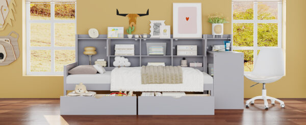Twin Size Daybed with Storage 3 Cabinets and 2 Drawers, Wooden L-Shape Daybed Frame with Study Desk and Built-in Bookshelf, Multi-functional Bed for Bedroom Guest Room,Gray