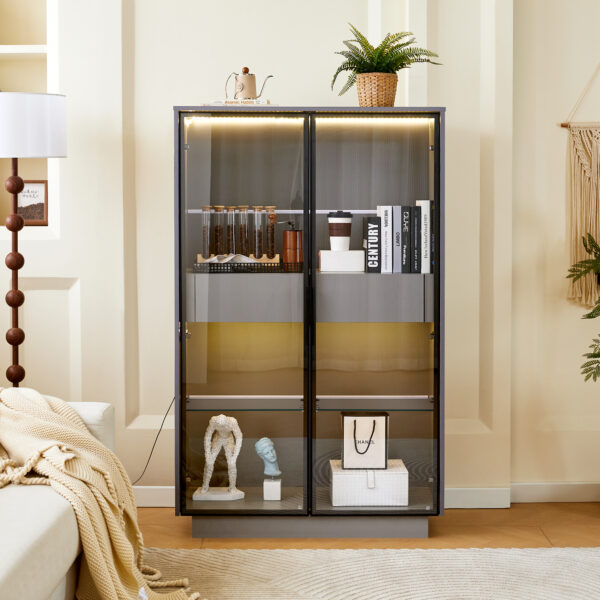 60.6'' Freestanding Display Cabinet with 2 Storage Drawers, Pantry with Glass Doors & LED Lighting, Modern China Cabinet with Adjustable Shelves for Hallways, Kitchen, Livingroom & Office - Grey