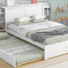 Full Size Storage Platform Bed with Pull Out Shelves and Twin Size Trundle, White