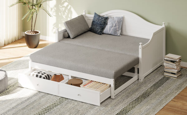 Twin Size Wood Daybed Extended Bed with Storage Drawers Wooden Sofa Bed for Living Room Guest Room, White