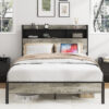 Full size bed frame, wooden platform bed frame, with storage and 2 USBs, no noise, no need for box springs, easy to assemble tools, large storage space under the bed, Antique Gray