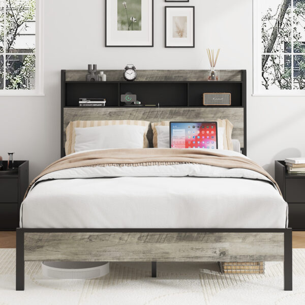 6b22090a5d594a8fab9bd27b99ebffdc_870814cae64ed43672762daede90462f Full size bed frame, wooden platform bed frame, with storage and 2 USBs, no noise, no need for box springs, easy to assemble tools, large storage space under the bed, Antique Gray