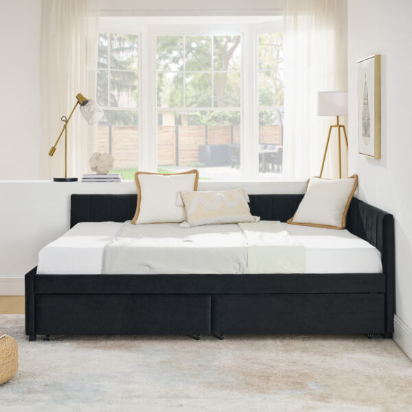 6b46a50c66234cc6b3e72849859822af_089d087f622595561a67dfadadd5afe2 Full Size Upholstered Tufted Bed Frame with Two Drawers, Sofa Bed Frame with Comfortable Backrest and Armrests, Velvet, Black(79.5''x58''x25'')