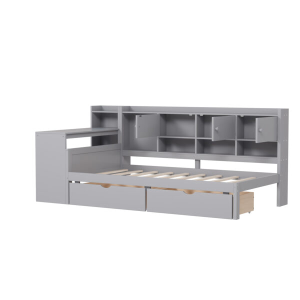 Twin Size Daybed with Storage 3 Cabinets and 2 Drawers, Wooden L-Shape Daybed Frame with Study Desk and Built-in Bookshelf, Multi-functional Bed for Bedroom Guest Room,Gray