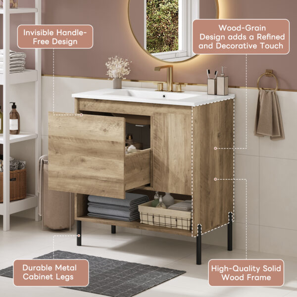 30" Modern Wood Fixture Bathroom Vanity, Bathroom Cabinet with Sliding Drawer, Bathroom Storage Cabinet with Ceramic Basin Sink Top, Single Bathroom Vanities Cabinet with Doors and Open Shelf