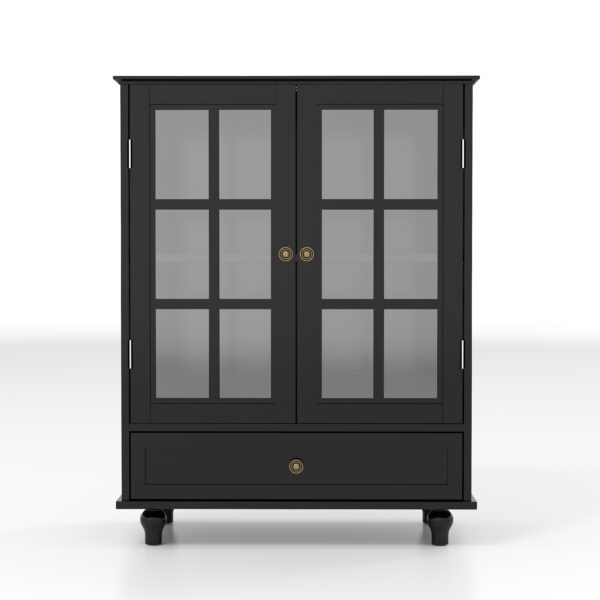 Minimalist Black Buffet Cabinet with Double Glass Doors and Drawer, Modern Wooden Storage Sideboard Cupboard for Living room, Dining Room Hallway Entryway(Black)