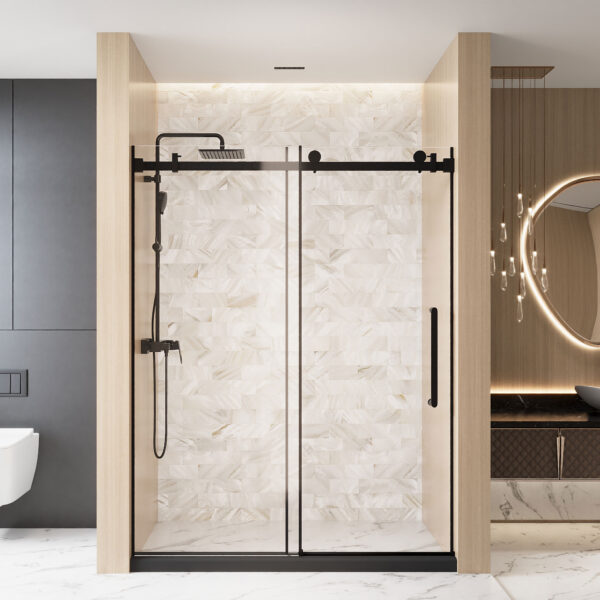 6d08e7105cbc412295165341208246f3_b2843f1a5cde5cdb68b275d037da1185 Frameless Single sliding shower door 60 "W x 76" H, 1/4 "(6 mm) Clear Tempered Glass, Explosion Proof Film, Stainless Steel Handle Square Tube Track ,Matte Black