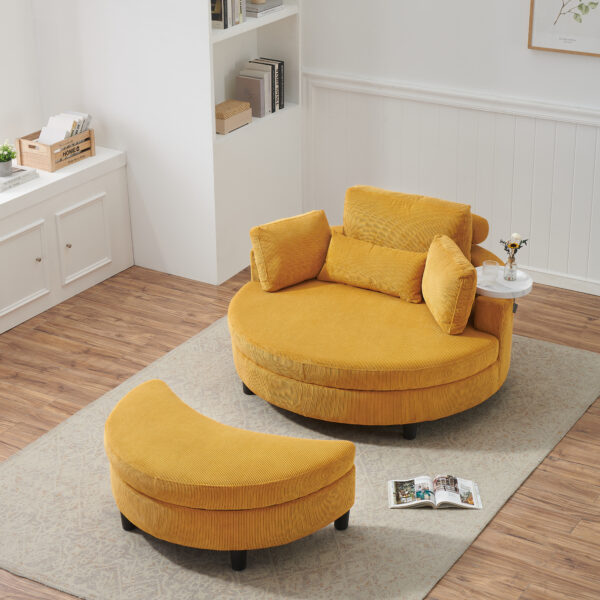 51-inch beige corduroy sofa with two throw pillows and a waist pillow with an extra tray for comfortable seating suitable for small apartment bedroom space