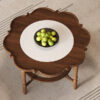 Mid-Century Style Coffee Table with Petal Shape and White Crackle Pattern Glass, 2-Tiered Coffee Table with Rattan, Walnut, 31.5"