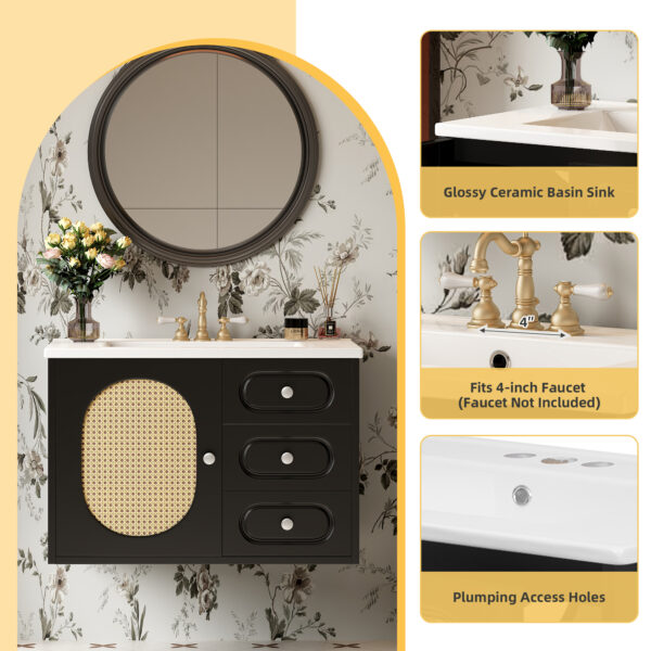 30" Bathroom Vanity with Ceramic Sink, Mid-Century Bathroom Vanity Cabinet with 2 Drawers, Bathroom Vanities Cabinet with Large Storage Space