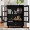 Minimalist Black Buffet Cabinet with Double Glass Doors and Drawer, Modern Wooden Storage Sideboard Cupboard for Living room, Dining Room Hallway Entryway(Black)