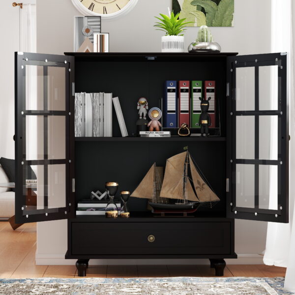 Minimalist Black Buffet Cabinet with Double Glass Doors and Drawer, Modern Wooden Storage Sideboard Cupboard for Living room, Dining Room Hallway Entryway(Black)