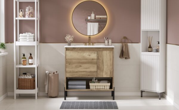 30" Modern Wood Fixture Bathroom Vanity, Bathroom Cabinet with Sliding Drawer, Bathroom Storage Cabinet with Ceramic Basin Sink Top, Single Bathroom Vanities Cabinet with Doors and Open Shelf
