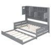 Full Size Wooden Daybed With Twin Size Trundle, and All-in-One Cabinet and Shelf, Gray