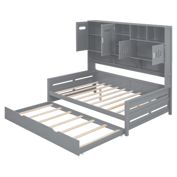 Full Size Wooden Daybed With Twin Size Trundle, and All-in-One Cabinet and Shelf, Gray