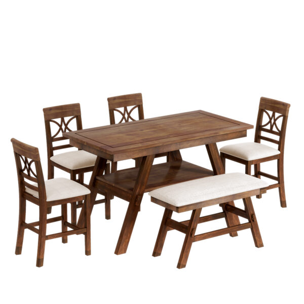 TOPMAX 6-Piece Wood Counter Height Dining Table Set with Storage Shelf, Kitchen Table Set with Bench and 4 Chairs,Rustic Style, Walnut+Beige Cushion (old sku: SH000257AAD)