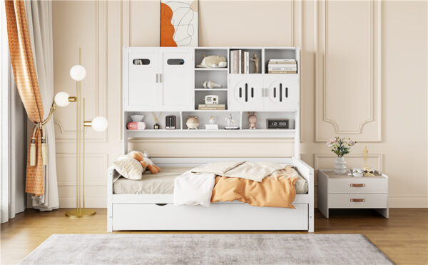 Twin Size Wooden Daybed With Twin Size Trundle, and All-in-One Cabinet and Shelf, White
