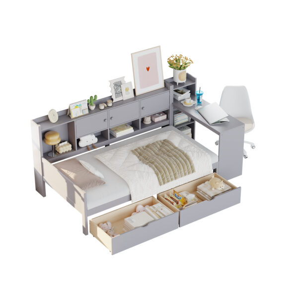 Twin Size Daybed with Storage 3 Cabinets and 2 Drawers, Wooden L-Shape Daybed Frame with Study Desk and Built-in Bookshelf, Multi-functional Bed for Bedroom Guest Room,Gray