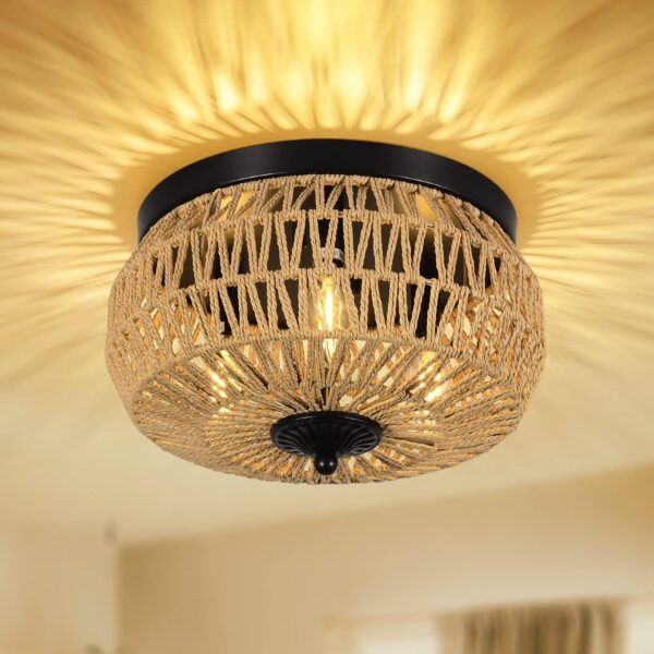 707aa01ac0e84f60b8982520003bffbb_124843b4ea51e70faaca3898703594c8 3-Lights Woven Rattan Flush Mount Ceiling Light Fixture with Hand-Worked Cage Shade for Bedroom, Kitchen, Foyer, Porch