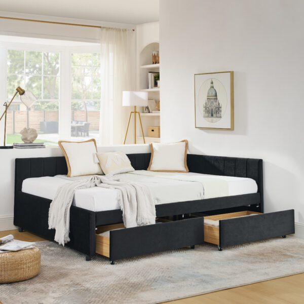 71ad9b7ffdac4009bff5f550462645c7_caefa669442e0db29bca22a99e3211f4 Full Size Upholstered Tufted Bed Frame with Two Drawers, Sofa Bed Frame with Comfortable Backrest and Armrests, Velvet, Black(79.5''x58''x25'')
