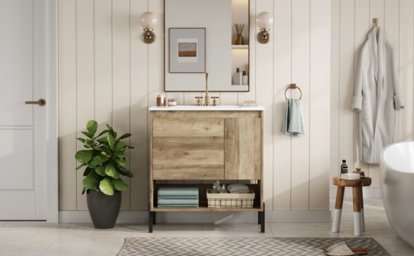 30" Modern Wood Fixture Bathroom Vanity, Bathroom Cabinet with Sliding Drawer, Bathroom Storage Cabinet with Ceramic Basin Sink Top, Single Bathroom Vanities Cabinet with Doors and Open Shelf
