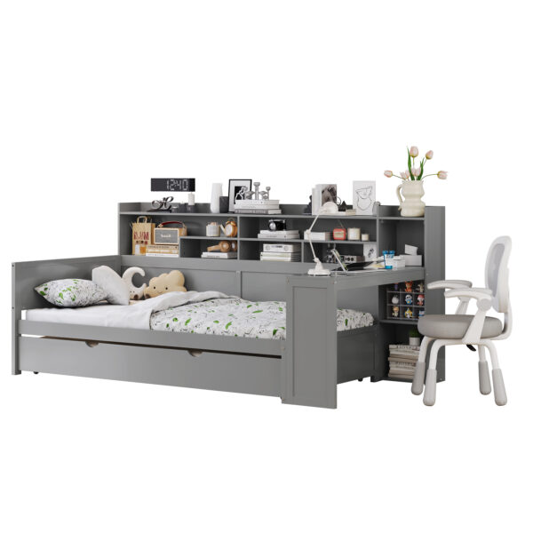 Wooden Twin Size Daybed with Storage Shelves, Multi-functional Bed with Twin Size Trundle Bed and  Study Desk, Gray