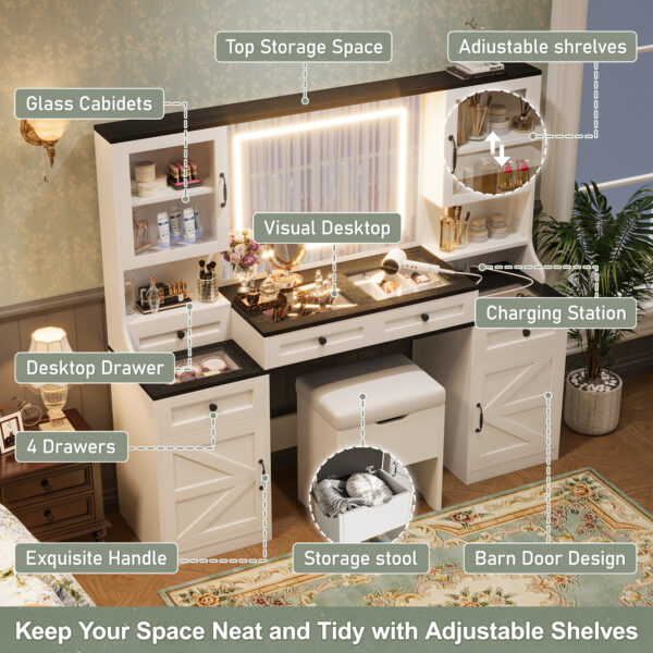 723155019c9e4a5190a13ea9164df1b3_97f7d9a32a247e8b667708b0422a6447 61.5" Farmhouse Vanity Desk with Mirror and LED Lights, Dressing Table with 5 Drawers and 4 Cabinets, Makeup Vanity Table Set with Glass Visual Desktop and Cushion Stool, for Bedroom