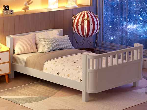 Twin Size Wood Platform Bed for Kids, Wood Low Profile Twin Bed with Rails for Girls and Boys, White (Patented Design)