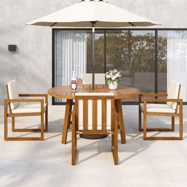 5-Piece Outdoor Patio Dining Set Acacia Wood Outdoor Dining Set Patio Furniture Set with Four  Armchairs and a Table for Garden, Balcony, Backyard, Beige