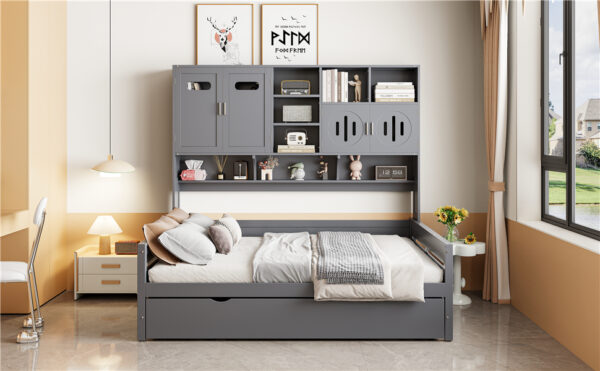 Full Size Wooden Daybed With Twin Size Trundle, and All-in-One Cabinet and Shelf, Gray
