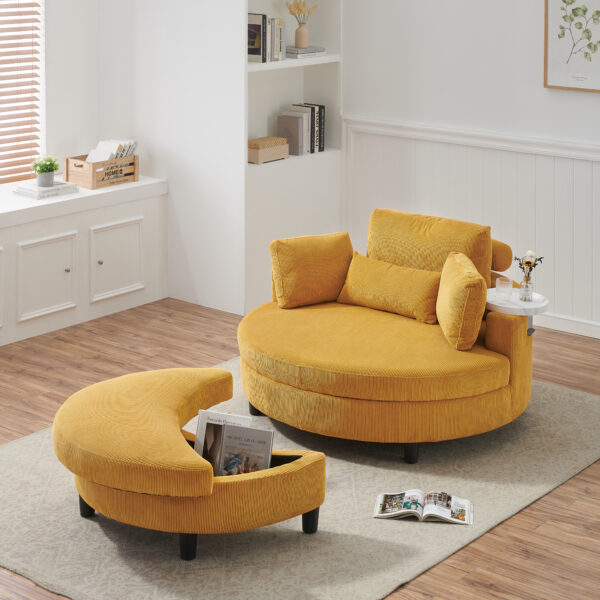 51-inch beige corduroy sofa with two throw pillows and a waist pillow with an extra tray for comfortable seating suitable for small apartment bedroom space
