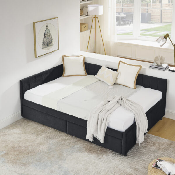 73e8aef12b604b379da40b588300d1f1_02ca52f9ae7ff09a93e32f12386f32e0 Full Size Upholstered Tufted Bed Frame with Two Drawers, Sofa Bed Frame with Comfortable Backrest and Armrests, Velvet, Black(79.5''x58''x25'')