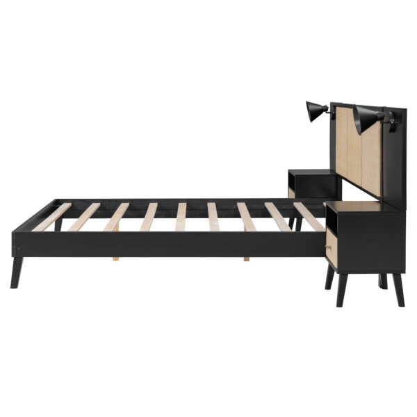 Queen Size Solid Wood Bed Frame with 2 Nightstands, Elegant Design with Lamps, Rattan and Wood Combination,Black