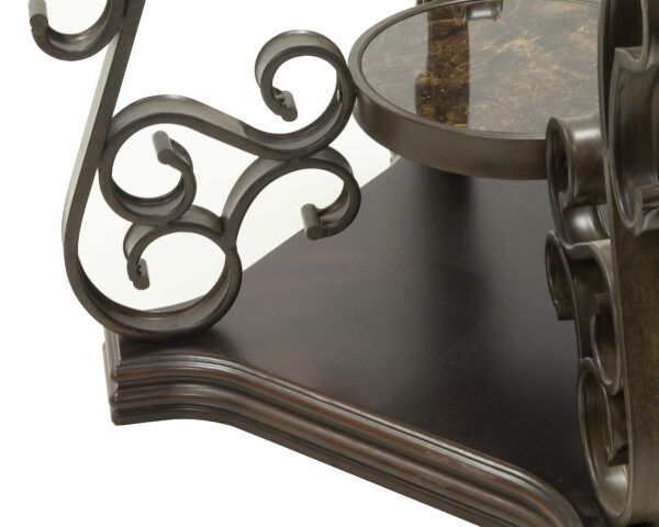 End table,  Glass table top, MDF W/marble paper middle shelf, powder coat finish metal legs. (26.3"Lx26.3"Wx24"H)