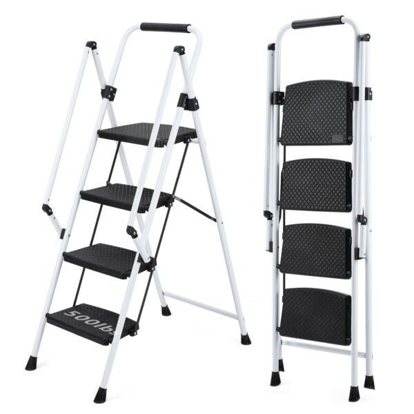 74ffccb576d640b8977faf3a525d4dca_d34dad2a7e97c4df742d92ac4dee57b1 White four-step ladder, light folding four-step stool, wide anti-skid pedal and safety handle, strong steel ladder, multi-purpose ladder, applicable to family, kitchen, office elevator