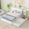 Queen Size Storage Platform Bed with Pull Out Shelves and Twin  XL Size Trundle, White