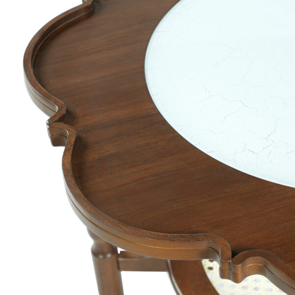 Mid-Century Style Coffee Table with Petal Shape and White Crackle Pattern Glass, 2-Tiered Coffee Table with Rattan, Walnut, 31.5"