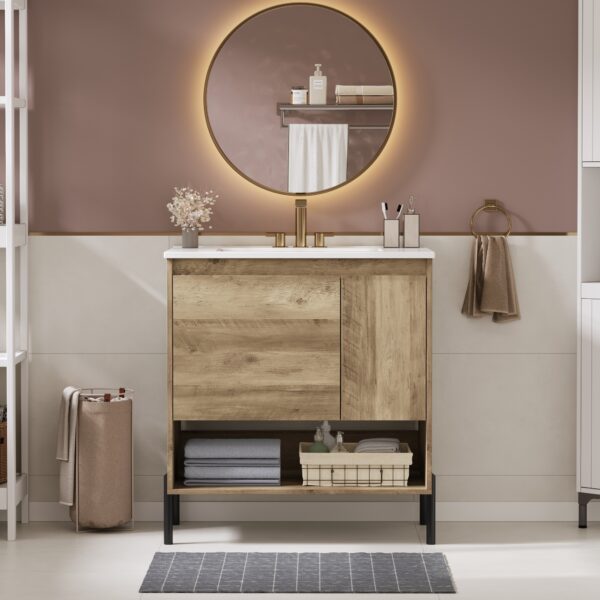 30" Modern Wood Fixture Bathroom Vanity, Bathroom Cabinet with Sliding Drawer, Bathroom Storage Cabinet with Ceramic Basin Sink Top, Single Bathroom Vanities Cabinet with Doors and Open Shelf