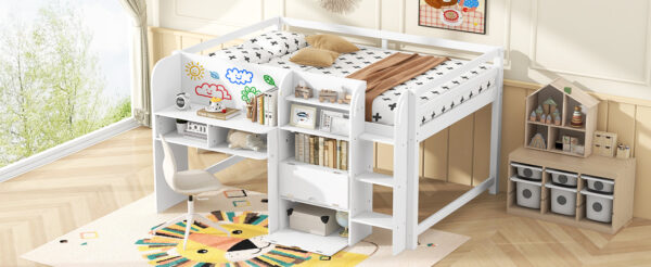 Full Size Low Loft Bed with Built-in Desk,Storage Cabinets and Open Bookcase,Whiteboard for Graffiti,White(ETA:7/8)