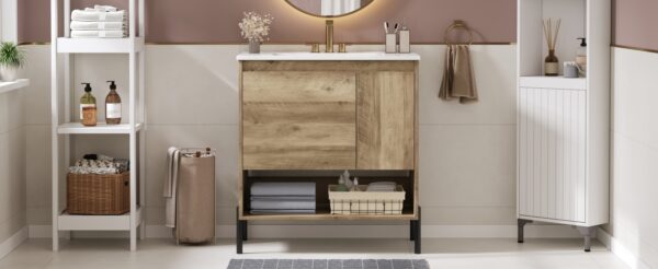 30" Modern Wood Fixture Bathroom Vanity, Bathroom Cabinet with Sliding Drawer, Bathroom Storage Cabinet with Ceramic Basin Sink Top, Single Bathroom Vanities Cabinet with Doors and Open Shelf