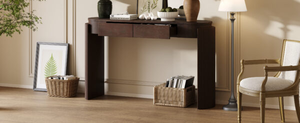 TREXM Entryway Table with Natural Wood Grain Finish, Console Table with Fluted Design, Oval Top and 2 Drawers for Entryway and Living Room (Espresso)