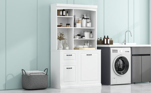 Bathroom Storage Cabinet with Tilt-Out Hamper, 70.9'' Tall Free Standing Organizer with Drawers & Adjustable Shelves, MDF Linen Tower with Steel Handles, White Finish