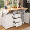 K&K 55.7'' Large Kitchen Island with 2 Drop Leaf,, Rolling Kitchen Cart on 5 Wheels with Power Outlet, Folding Storage Dining Table with Spice & Towel Rack , 3 Drawers, for Kitchen, Dining Room,White