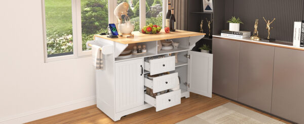 K&K 55.7'' Large Kitchen Island with 2 Drop Leaf,, Rolling Kitchen Cart on 5 Wheels with Power Outlet, Folding Storage Dining Table with Spice & Towel Rack , 3 Drawers, for Kitchen, Dining Room,White