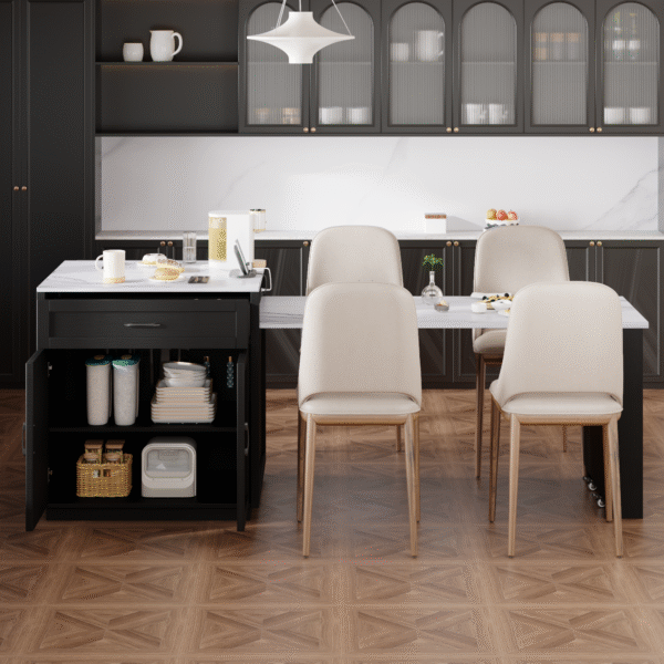 K&K 82.7 inch Kitchen Island with Extendable Dining Table for 4-6 Person,Faux Mable Kitchen Table with Double-sized Storage,Power Outlet,Kitchen island with Storage 2 Drawers 2 Side Open Shelves,Black